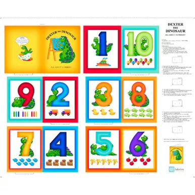 123 Dexter The Dinosaur Quilting Treasures Cotton Quilting Fabric Book Panel